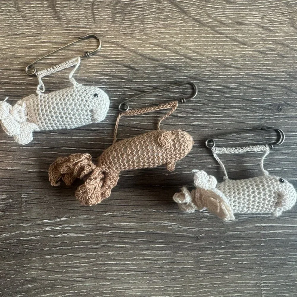 Set of 3 Brown / Cream Crochet Fish Pin Brooch